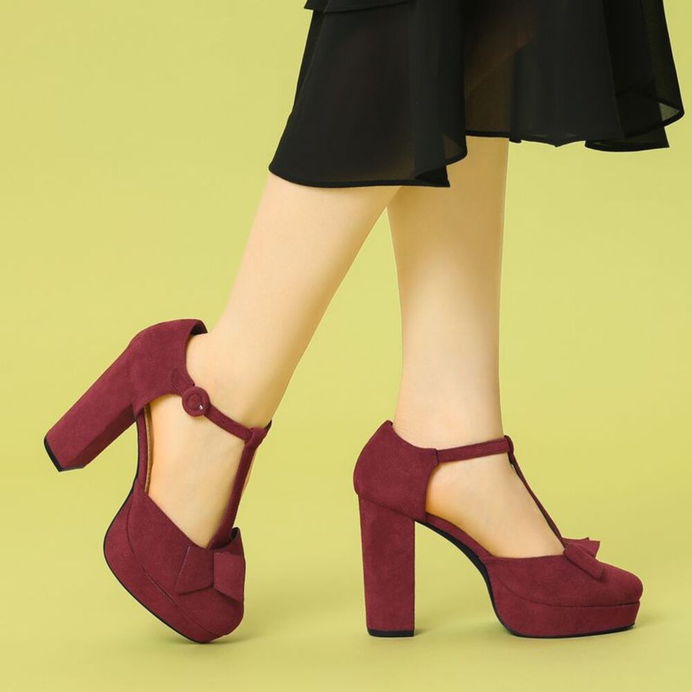 Mary Janes Platform Pumps Halloween Costumes Burgundy Chunky Heels Dress Shoes - Picture 2 of 6